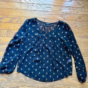 Lucky Brand Black Sheer Blouse with Gold Metallic Print - Size L